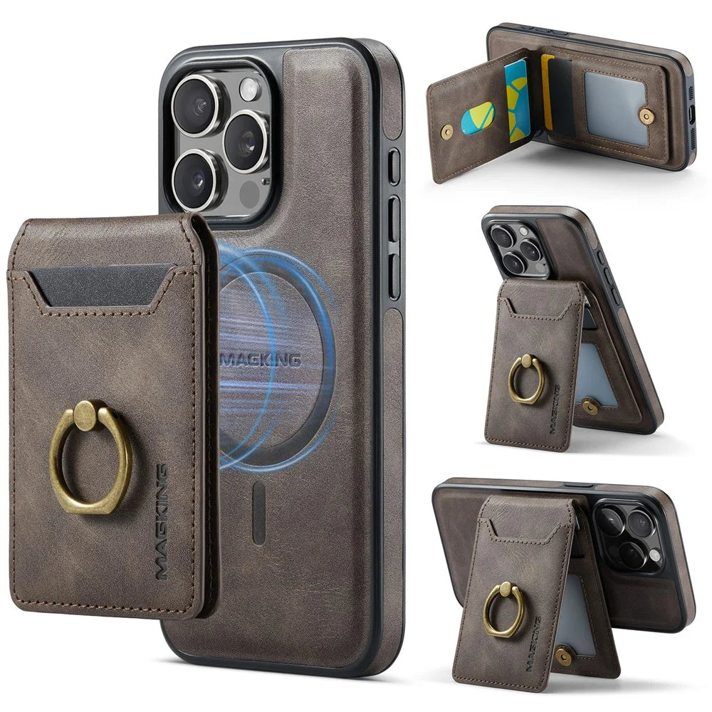 MAGKING K1 Series For iPhone 13 Pro Max Magnetic Case PC+TPU+PU Phone Cover with Card Holder Kickstand - Coffee - 1