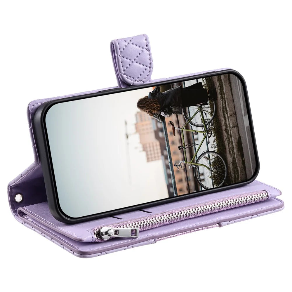 Style 012 for Google Pixel 9 / 9 Pro Case Zipper Wallet PU Leather Rhombus Grid Phone Cover - Purple - 3