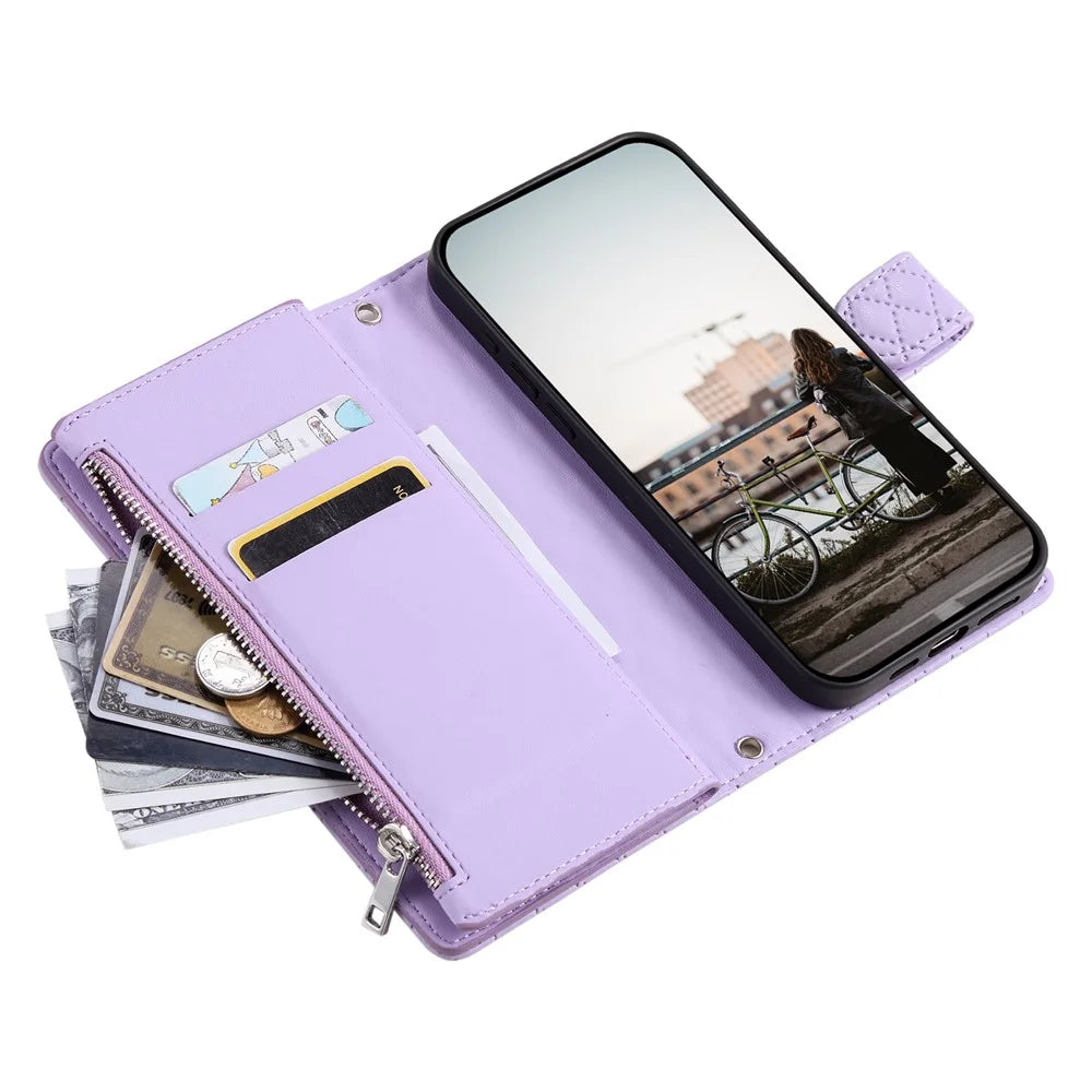 Style 012 for Google Pixel 9 / 9 Pro Case Zipper Wallet PU Leather Rhombus Grid Phone Cover - Purple - 5