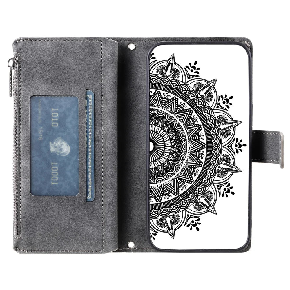 Style 006 For Google Pixel 9 / 9 Pro Wallet Case PU Leather Phone Cover Mandala Flower Pattern - Grey - 2