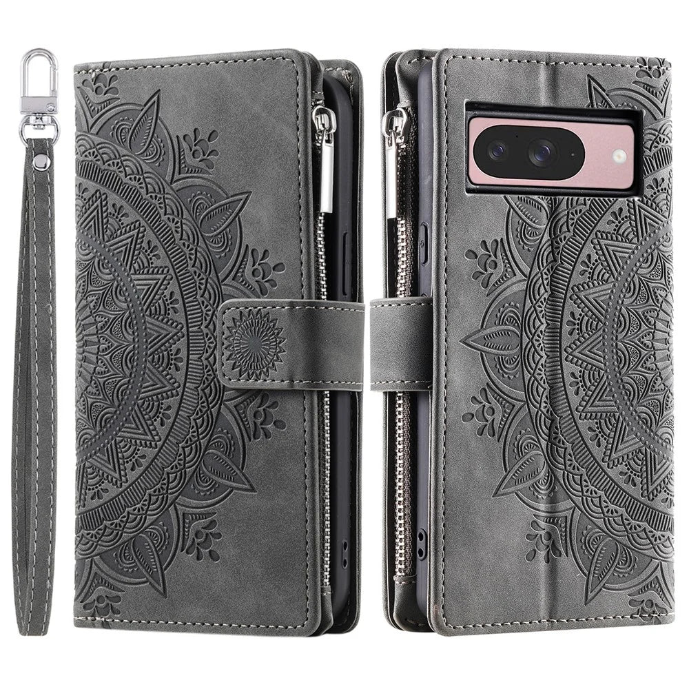 Style 006 For Google Pixel 9 / 9 Pro Wallet Case PU Leather Phone Cover Mandala Flower Pattern - Grey - 6