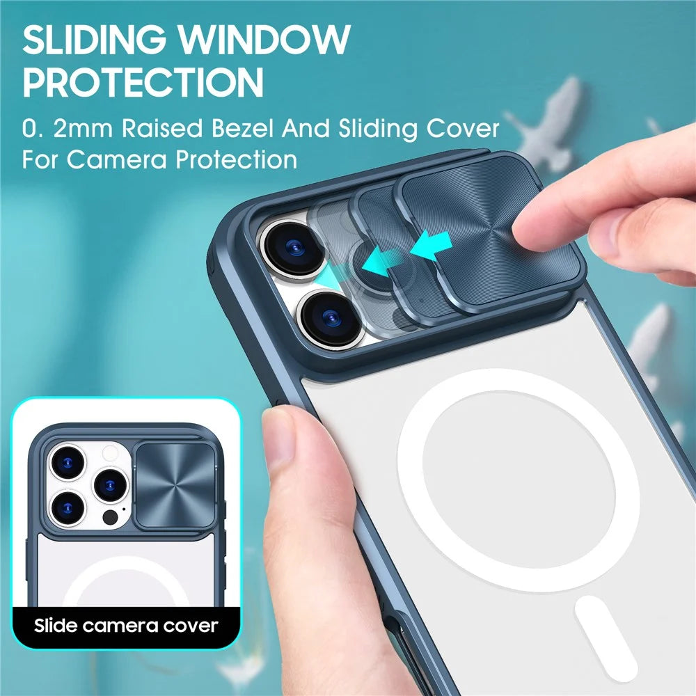 For iPhone 16 Pro Max Clear Phone Case Compatible with MagSafe PC Cover with Camera Lens Slider - Navy Blue - 3