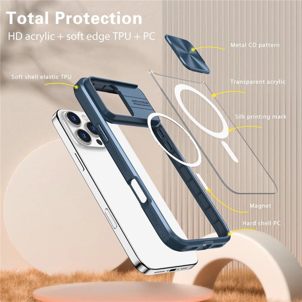 For iPhone 16 Pro Max Clear Phone Case Compatible with MagSafe PC Cover with Camera Lens Slider - Navy Blue - 6