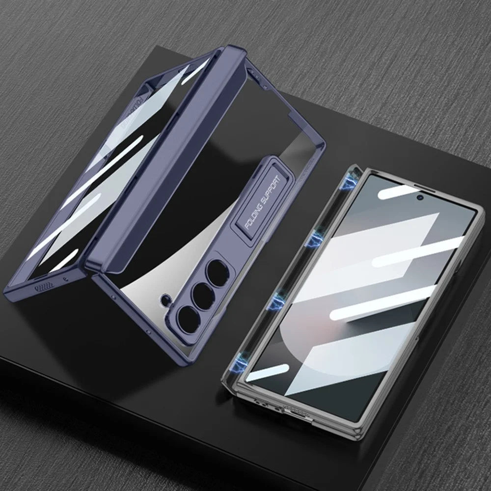 GKK For Samsung Galaxy Z Fold6 5G Clear Case Kickstand PC Phone Cover with Screen Film - Silver - 5