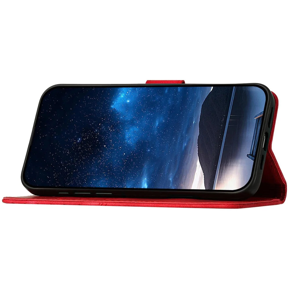 For Samsung Galaxy A54 5G Leather Wallet Case Butterfly Flower Imprinted Phone Cover with Strap - Red - 3