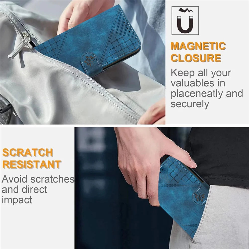 For Samsung Galaxy A05 4G Leather Wallet Case Butterfly Flower Imprinted Phone Cover with Strap - Sapphire - 6