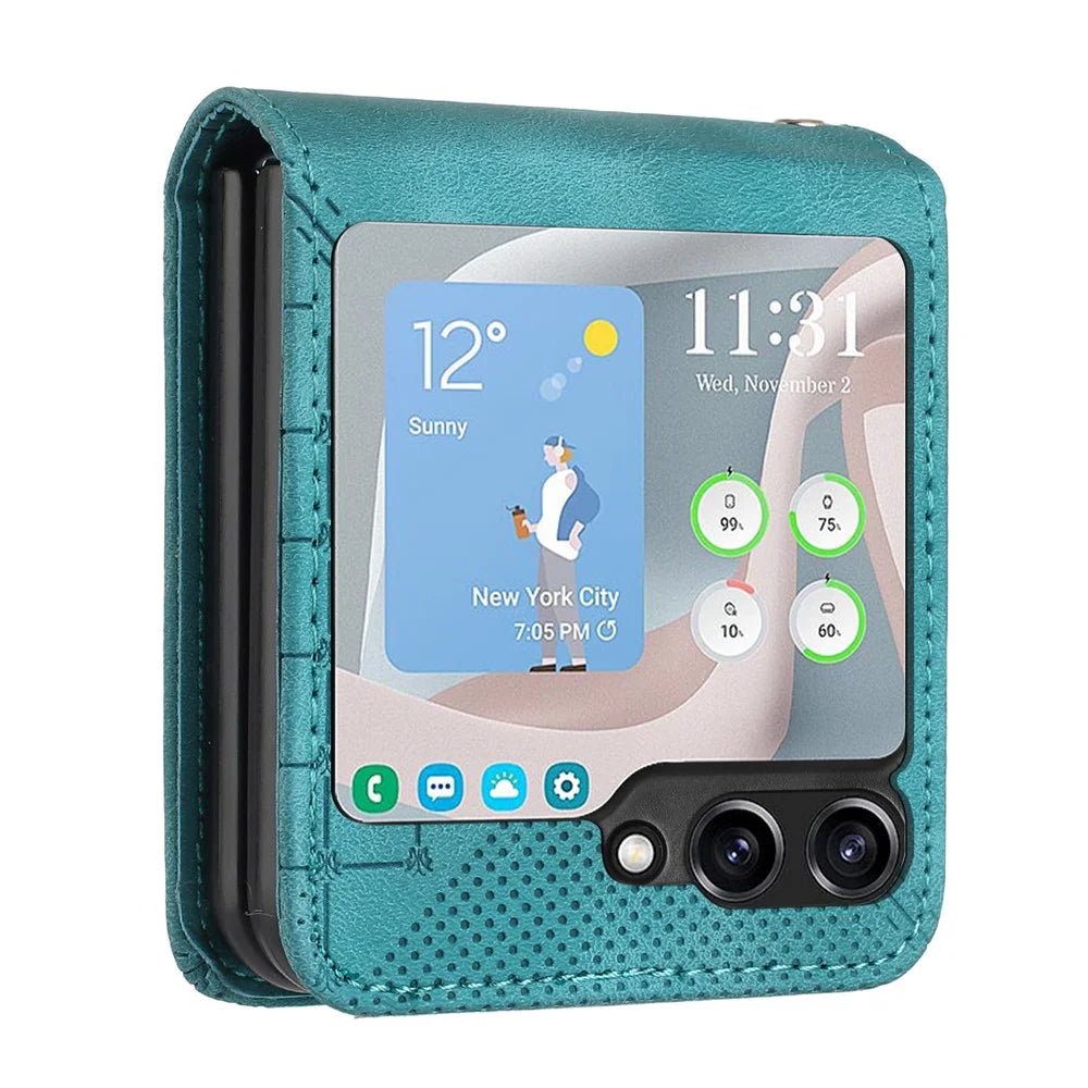For Samsung Galaxy Z Flip5 5G Leather Wallet Case Butterfly Flower Imprinted Phone Cover with Strap - Baby Blue - 3