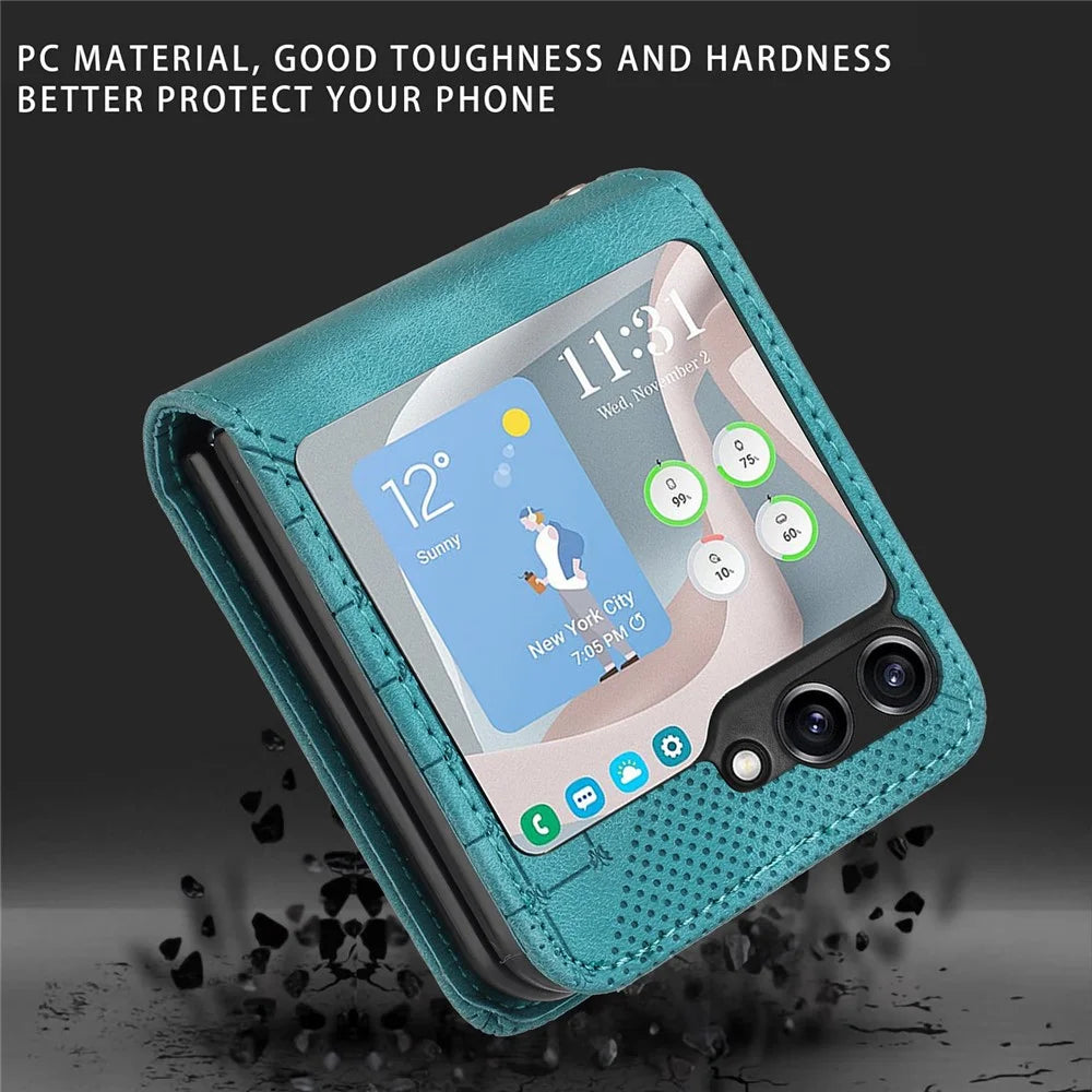 For Samsung Galaxy Z Flip5 5G Leather Wallet Case Butterfly Flower Imprinted Phone Cover with Strap - Baby Blue - 6
