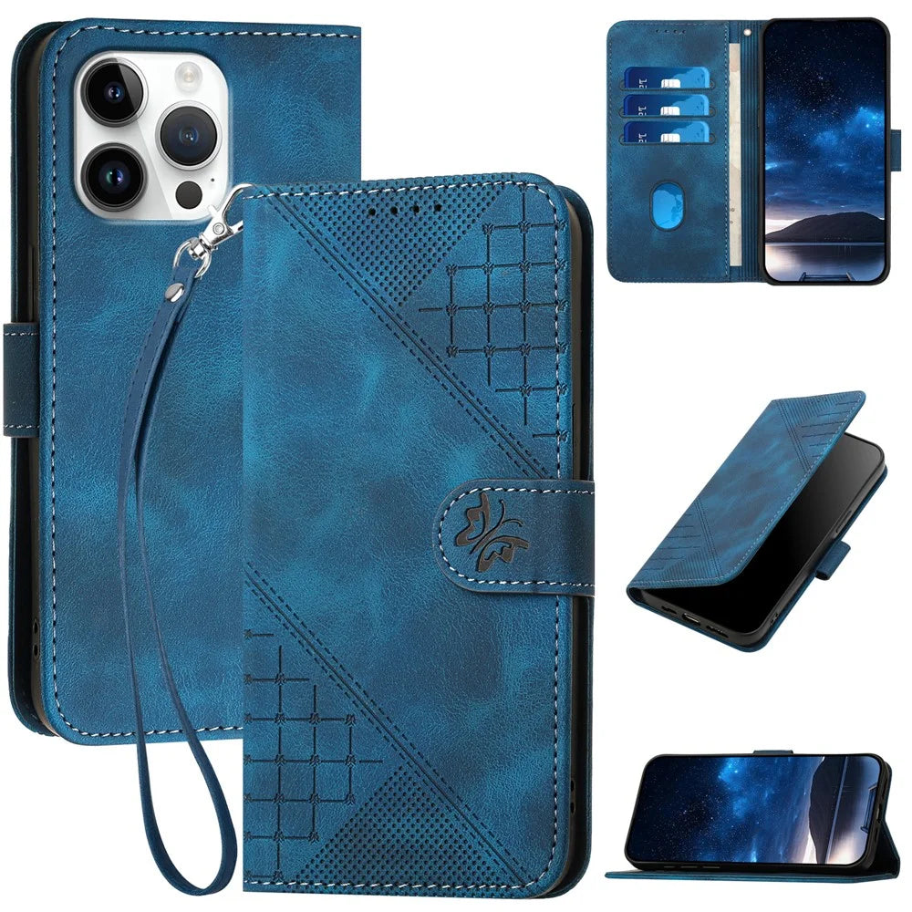 For iPhone 16 Pro Max Leather Wallet Case Butterfly Flower Imprinted Phone Cover with Strap - Sapphire - 1