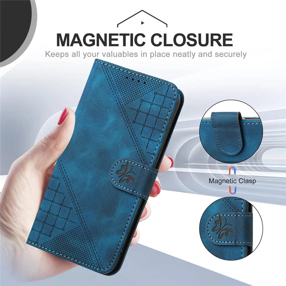 For iPhone 16 Pro Max Leather Wallet Case Butterfly Flower Imprinted Phone Cover with Strap - Sapphire - 6