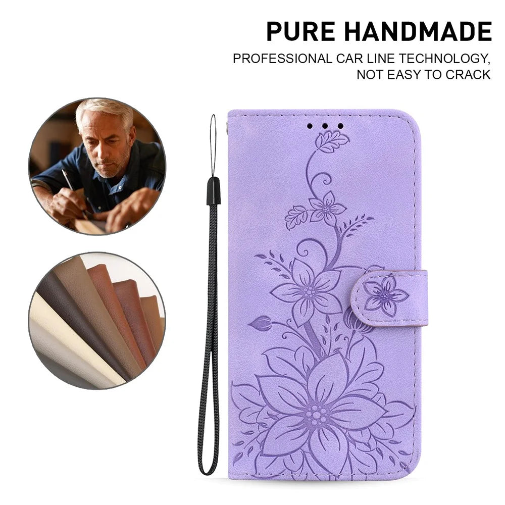 For Samsung Galaxy A16 5G / A16 4G Case Lily Flower Imprint Leather Phone Cover with Stand - Purple - 5