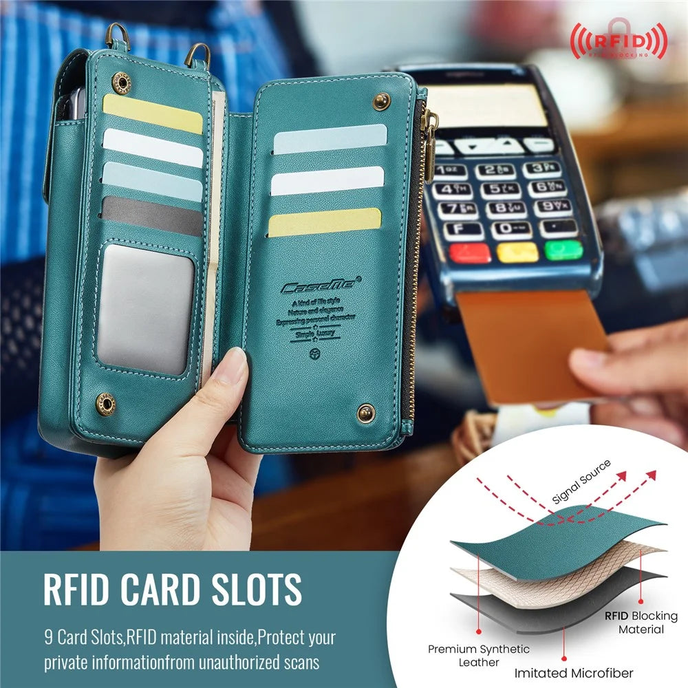 CASEME ME50 Phone Shoulder Bag for Samsung Galaxy Z Fold7 5G / Z Fold6 5G / Z Fold5 5G / Z Fold4 5G / Z Fold3 5G RFID Blocking Leather Pouch - Blue - 5