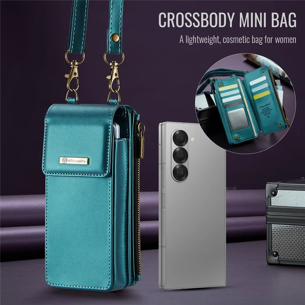 CASEME ME50 Phone Shoulder Bag for Samsung Galaxy Z Fold7 5G / Z Fold6 5G / Z Fold5 5G / Z Fold4 5G / Z Fold3 5G RFID Blocking Leather Pouch - Blue - 7