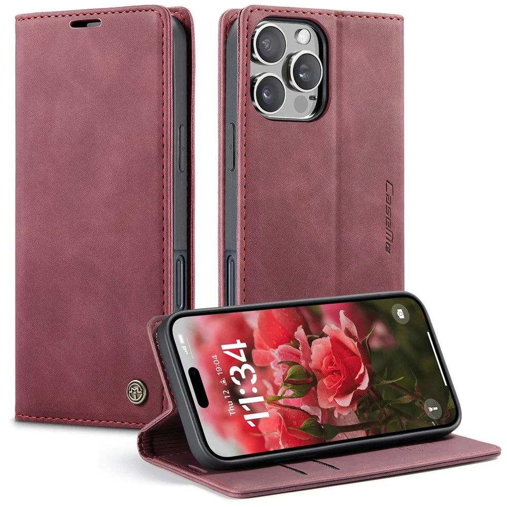 CASEME 013 Series For iPhone 16 Pro Case Card Holder Stand Leather Phone Cover - Red - 1