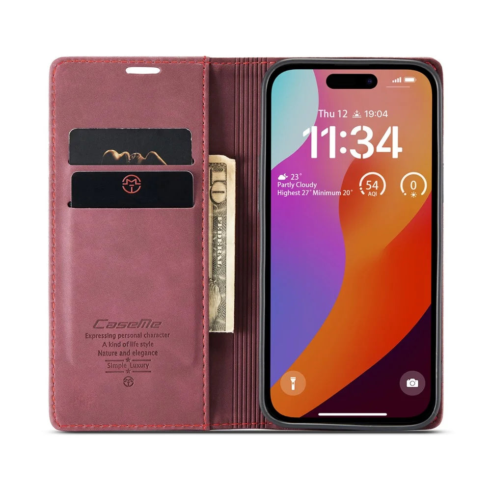CASEME 013 Series For iPhone 16 Pro Case Card Holder Stand Leather Phone Cover - Red - 2