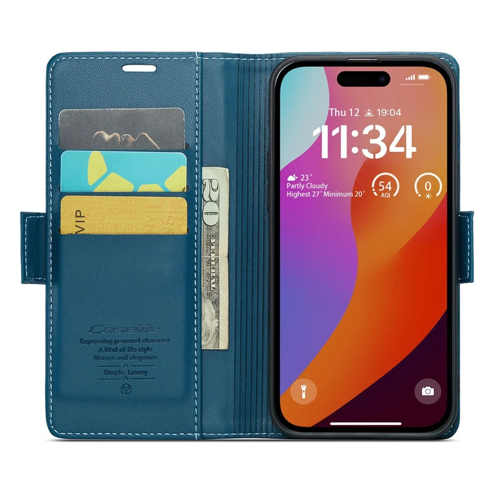 For iPhone 16 Pro Max Leather Case CASEME 023 RFID Blocking 3 Card Slot Mobile Cover - Blue - 2