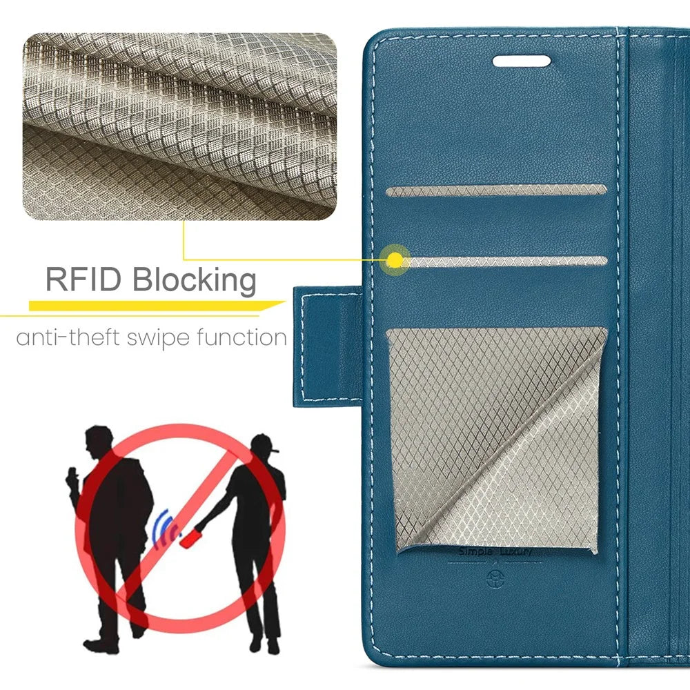 For iPhone 16 Pro Max Leather Case CASEME 023 RFID Blocking 3 Card Slot Mobile Cover - Blue - 4