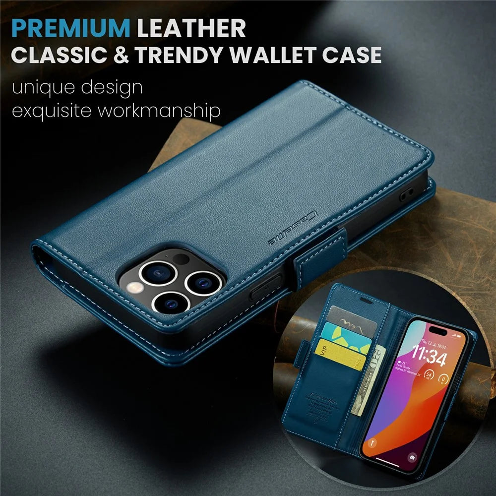 For iPhone 16 Pro Max Leather Case CASEME 023 RFID Blocking 3 Card Slot Mobile Cover - Blue - 5