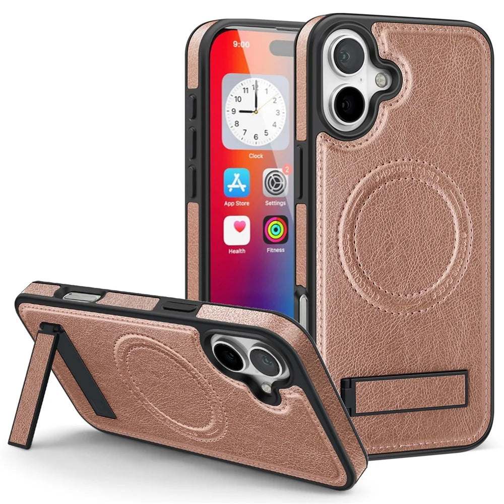 For iPhone 16 Plus Case Compatible with MagSafe with Folded Kickstand PC Silicone Leather Phone Back Cover  - Rose Gold - 1