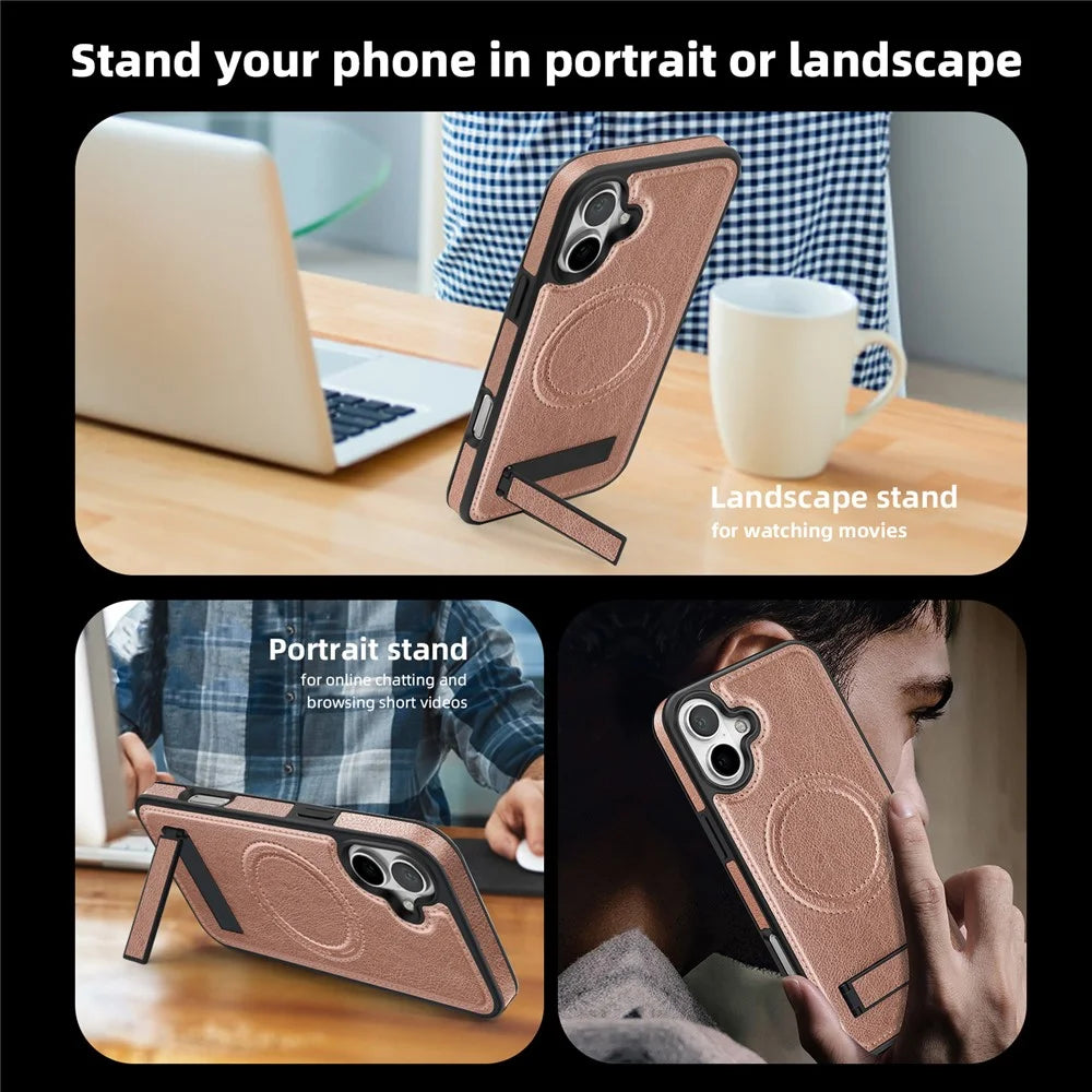For iPhone 16 Plus Case Compatible with MagSafe with Folded Kickstand PC Silicone Leather Phone Back Cover  - Rose Gold - 6