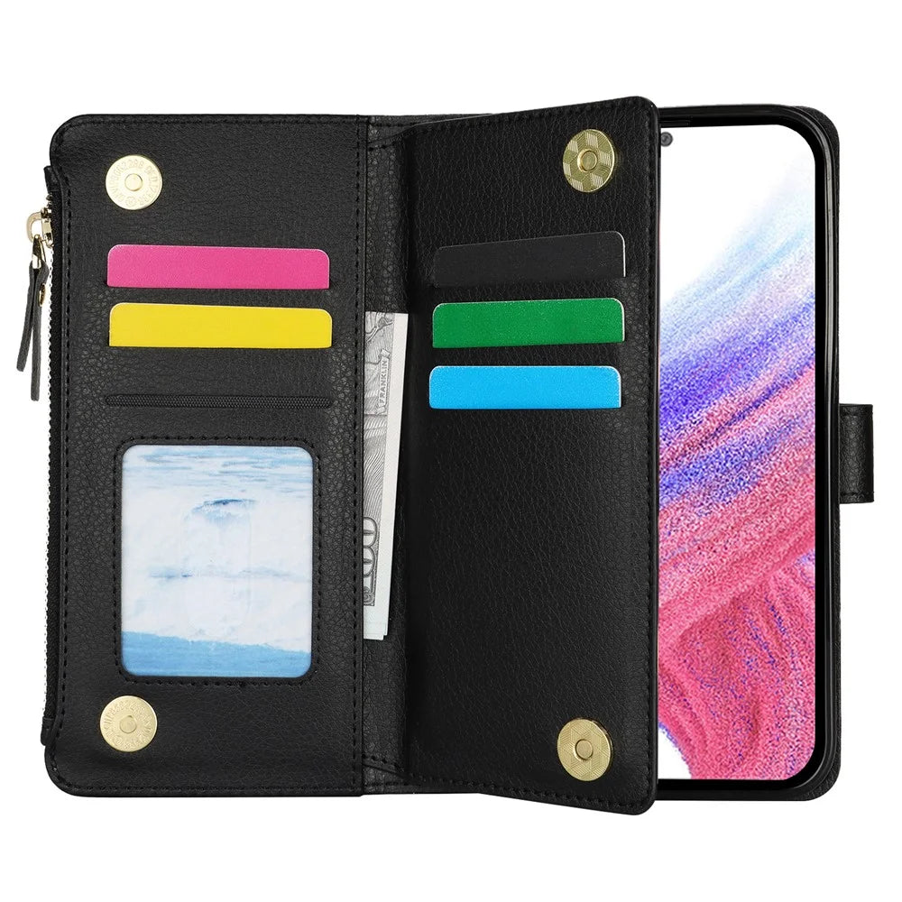 XL-001 For Samsung Galaxy S23 FE Case Zipper Pocket Wristband Stand Leather Phone Cover - Black - 2