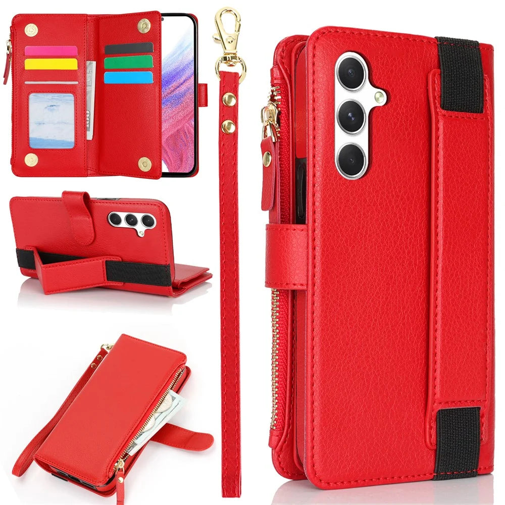 XL-001 For Samsung Galaxy S24 Case Zipper Pocket Wristband Stand Leather Phone Cover - Red - 1