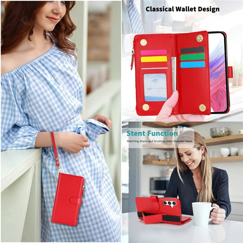 XL-001 For Samsung Galaxy S24 Case Zipper Pocket Wristband Stand Leather Phone Cover - Red - 5