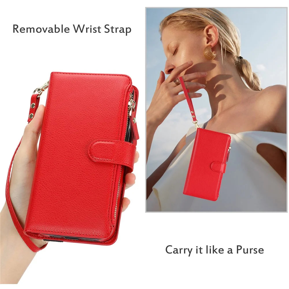 XL-001 For Samsung Galaxy S24 Case Zipper Pocket Wristband Stand Leather Phone Cover - Red - 6