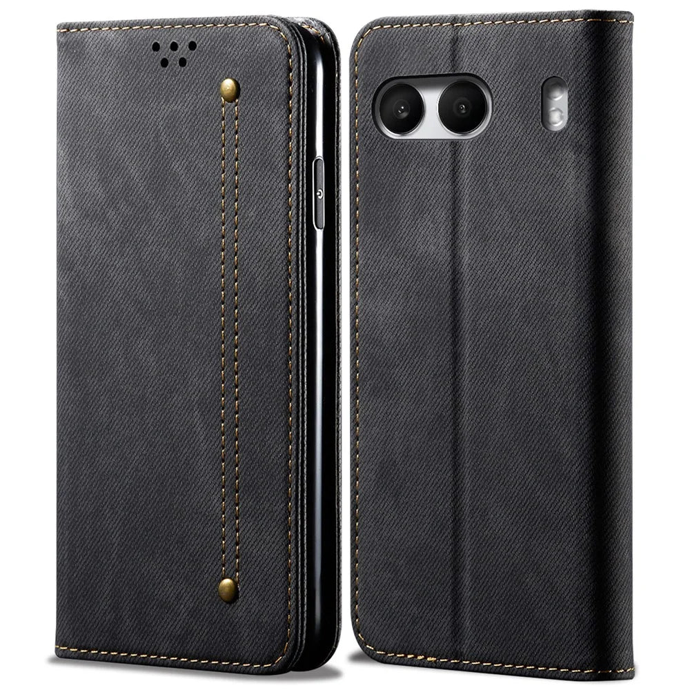 For OnePlus Nord 4 Case Jeans Cloth Texture Anti-Scratch Leather Stand Phone Cover - Black - 1
