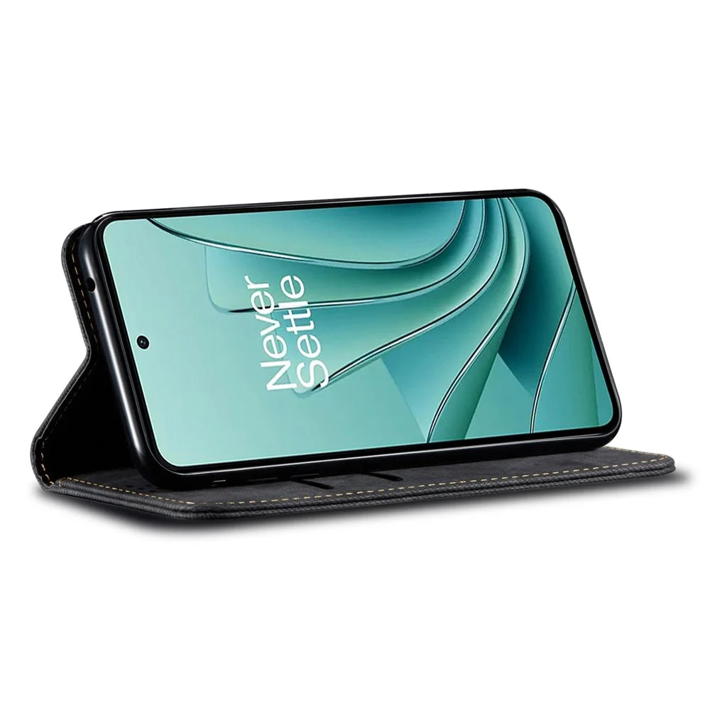 For OnePlus Nord 4 Case Jeans Cloth Texture Anti-Scratch Leather Stand Phone Cover - Black - 3