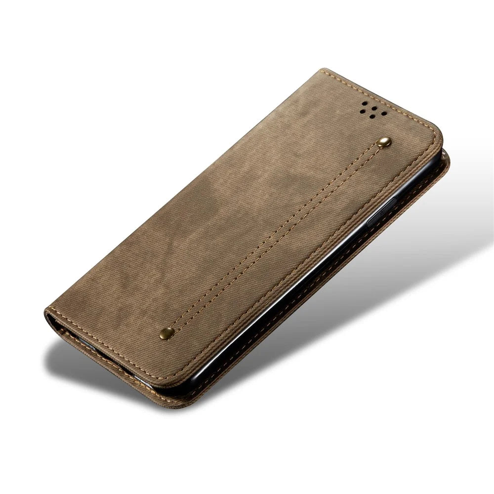 For Samsung Galaxy A06 4G Case Jeans Cloth Texture Anti-Scratch Leather Stand Phone Cover - Khaki - 4