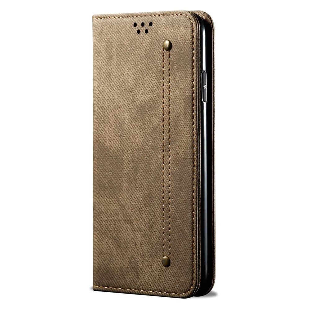 For Samsung Galaxy A06 4G Case Jeans Cloth Texture Anti-Scratch Leather Stand Phone Cover - Khaki - 5