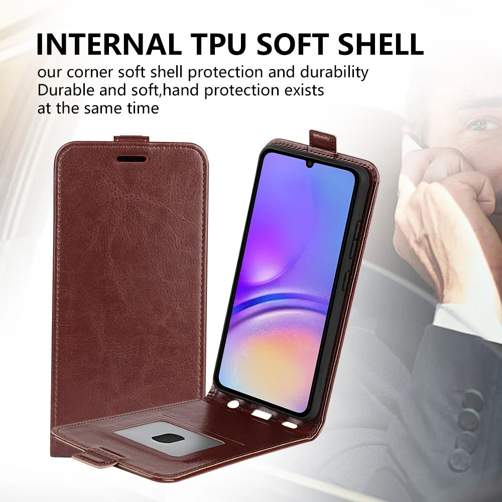 For Samsung Galaxy A06 4G Case with Card Slots Vertical Flip Leather Phone Cover - Brown - 5