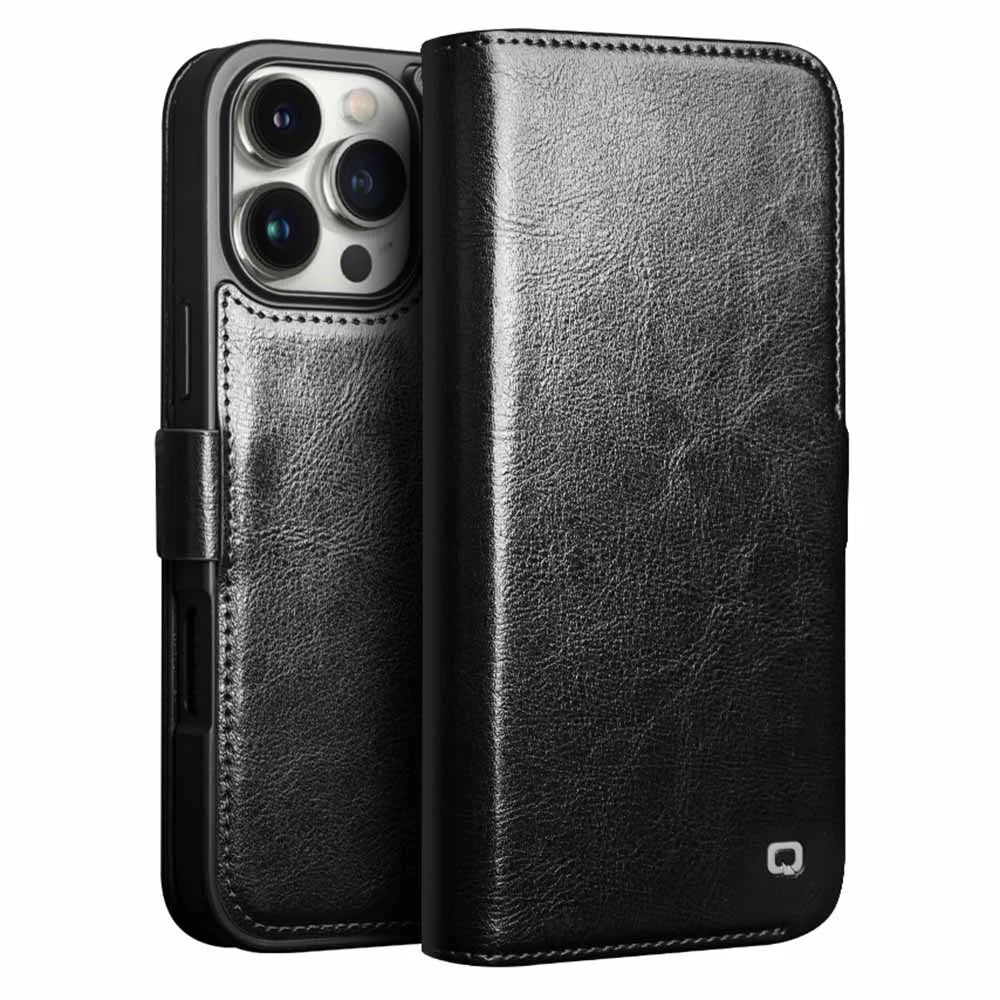 QIALINO For iPhone 16 Pro Max Case TPU+Genuine Cow Leather Wallet Phone Cover - Black - 1