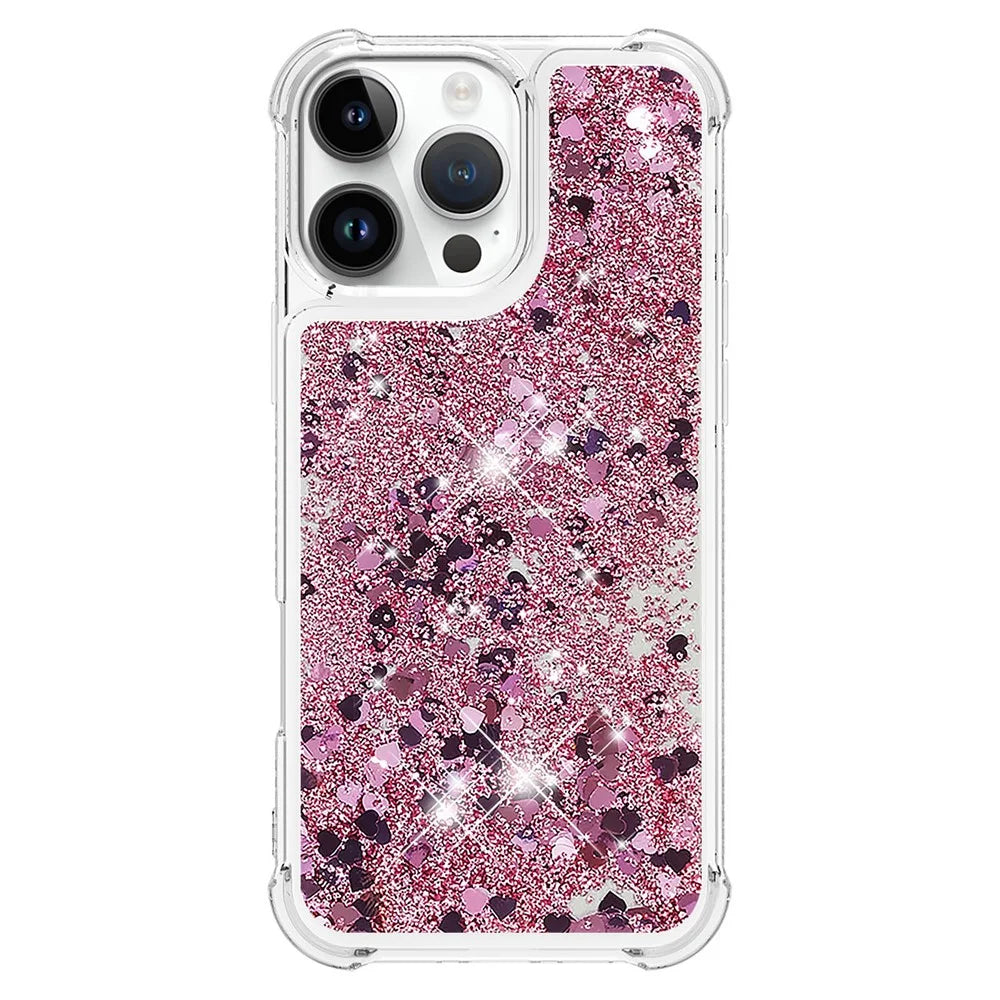 For iPhone 16 Pro Max TPU Case Glitter Quicksand Shockproof Phone Back Cover - Rose Gold  /  Hearts - 2