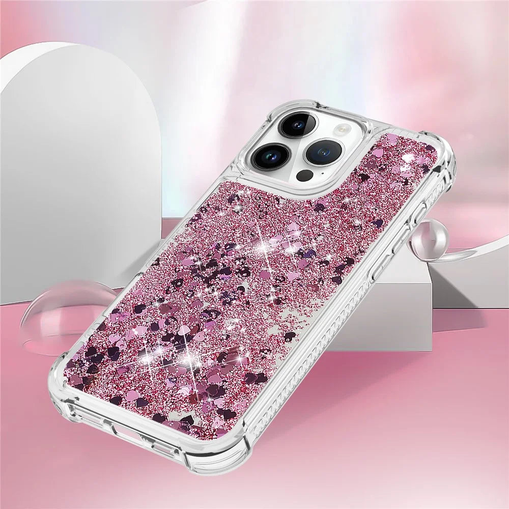 For iPhone 16 Pro Max TPU Case Glitter Quicksand Shockproof Phone Back Cover - Rose Gold  /  Hearts - 4