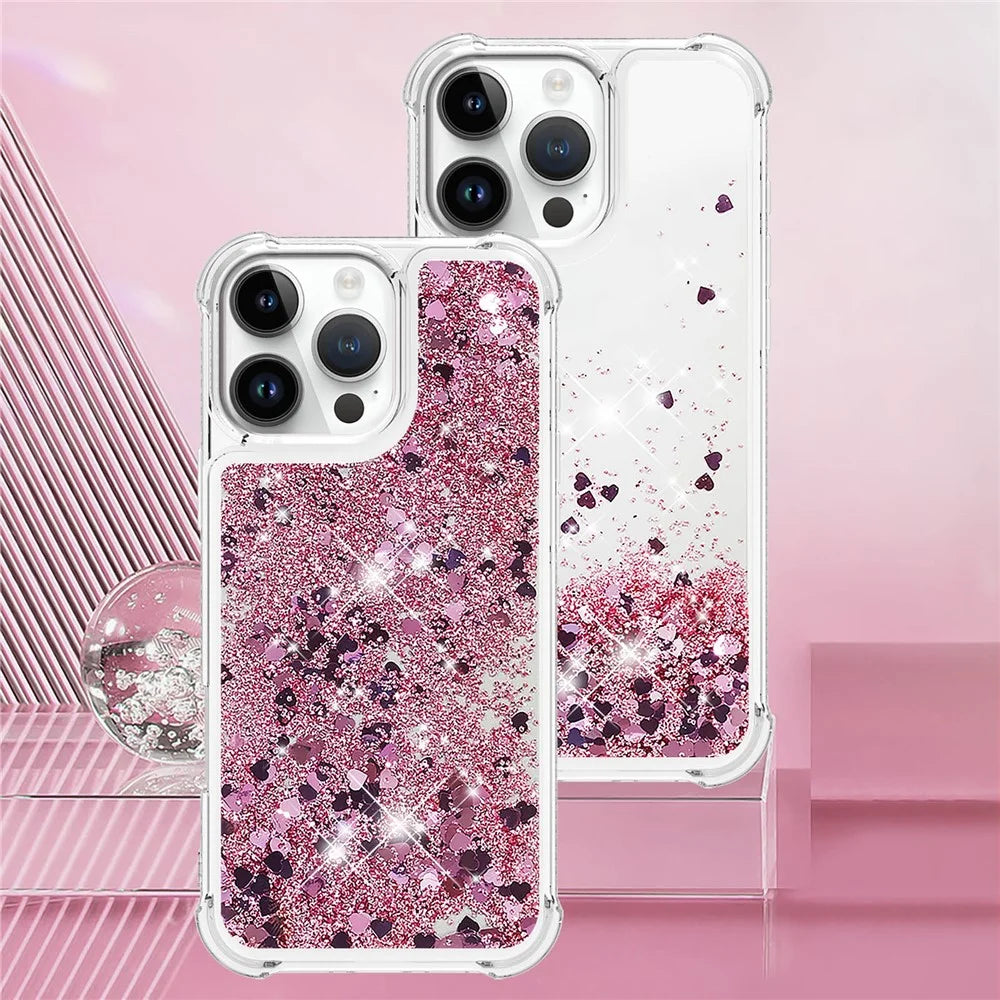 For iPhone 16 Pro Max TPU Case Glitter Quicksand Shockproof Phone Back Cover - Rose Gold  /  Hearts - 6