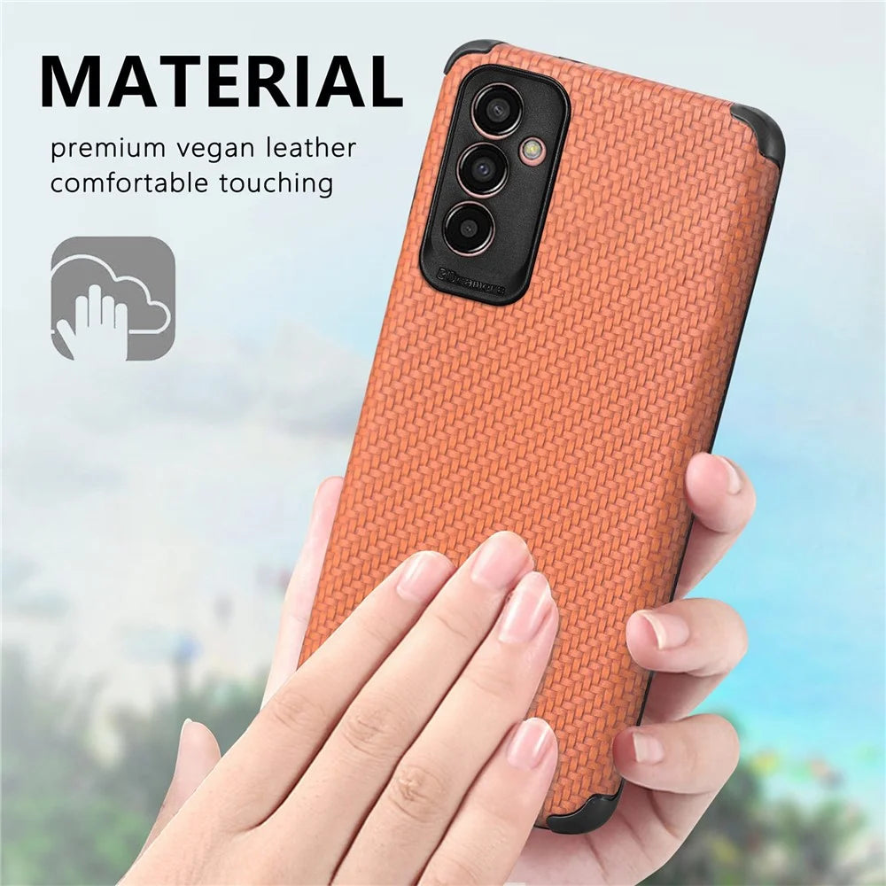 Carbon Fiber Texture Phone Cover for Samsung Galaxy M13 4G, Drop-proof PU Leather Coated TPU Anti-scratch Case - Brown - 4