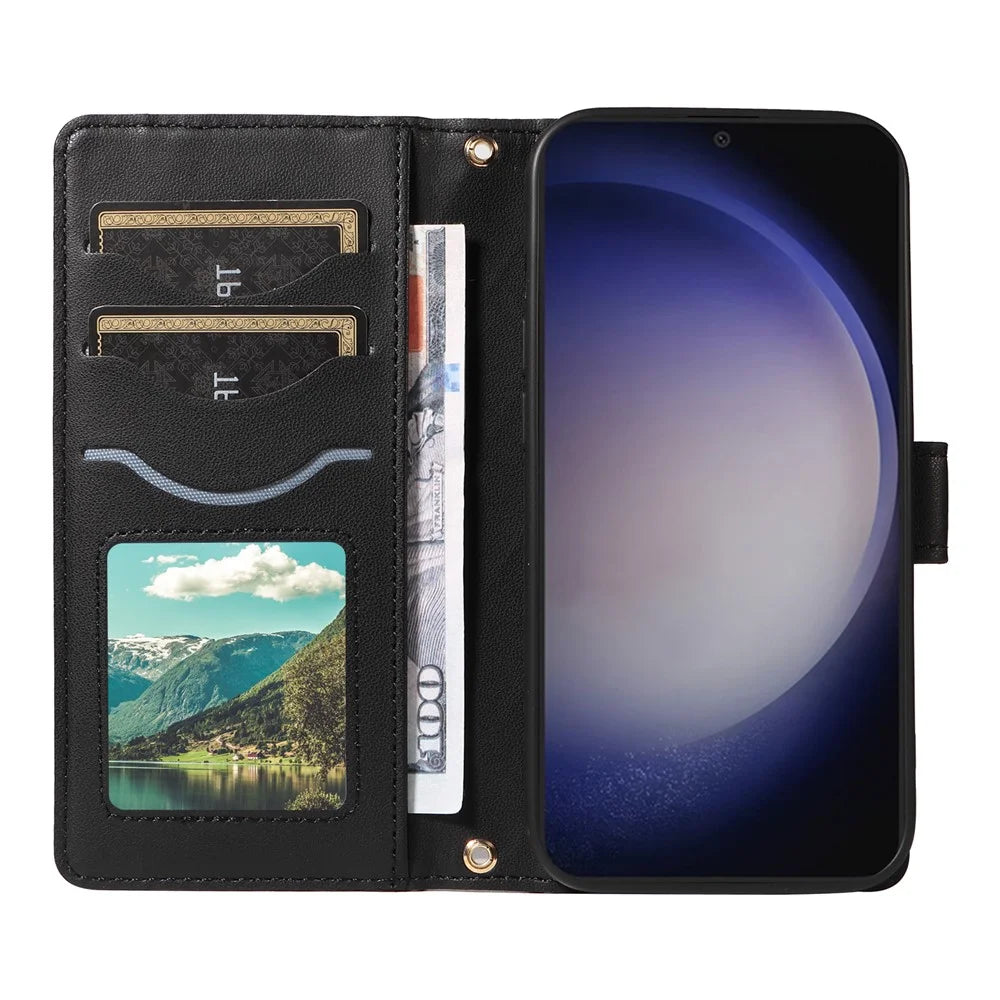 For Samsung Galaxy S25+ / S24+ Case Wallet Rhombus Leather Phone Cover with Shoulder Strap, Wrist Strap - Black - 2