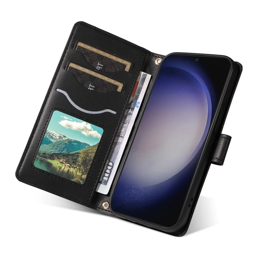 For Samsung Galaxy S25+ / S24+ Case Wallet Rhombus Leather Phone Cover with Shoulder Strap, Wrist Strap - Black - 5
