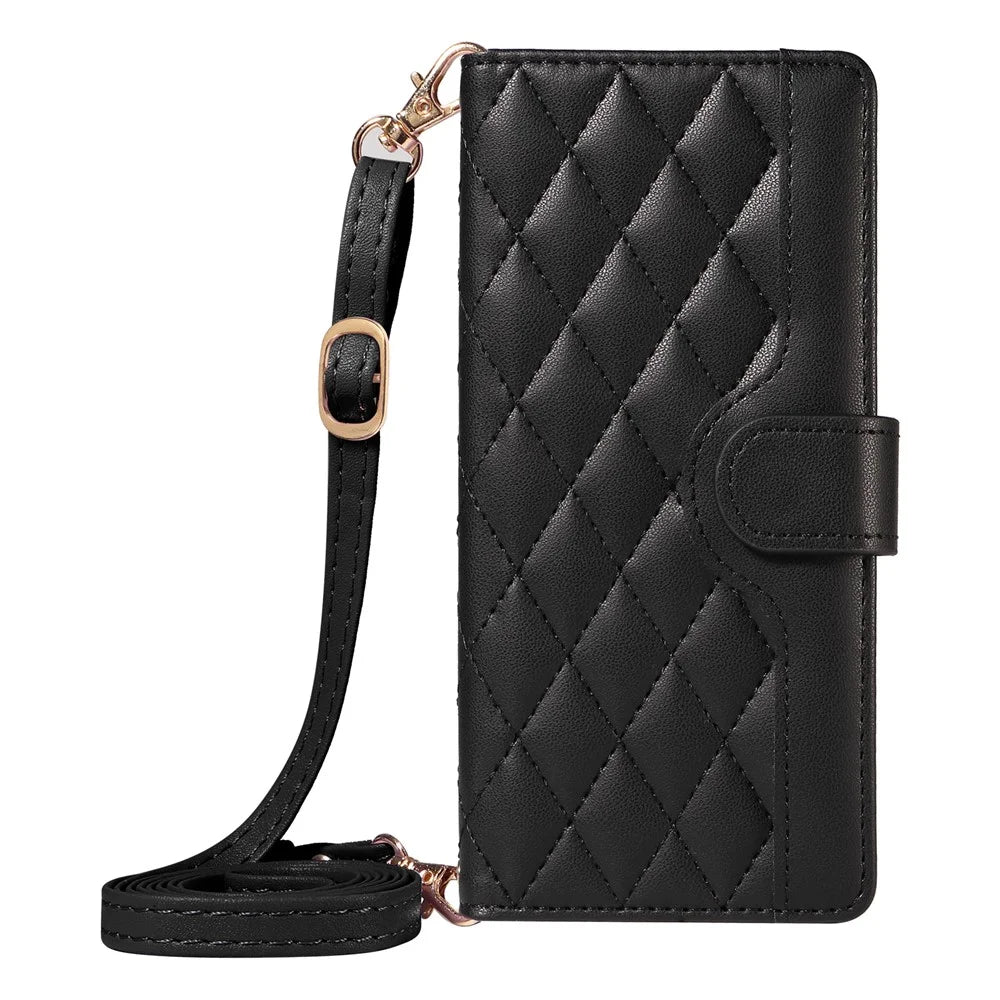 For Samsung Galaxy S25+ / S24+ Case Wallet Rhombus Leather Phone Cover with Shoulder Strap, Wrist Strap - Black - 6