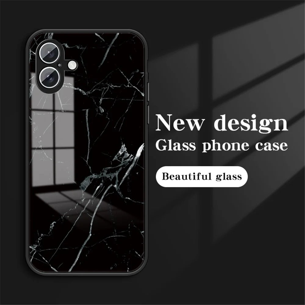 For iPhone 16 Plus Case Marble Pattern Tempered Glass + PC + TPU Protective Phone Cover - Black Marble - 2