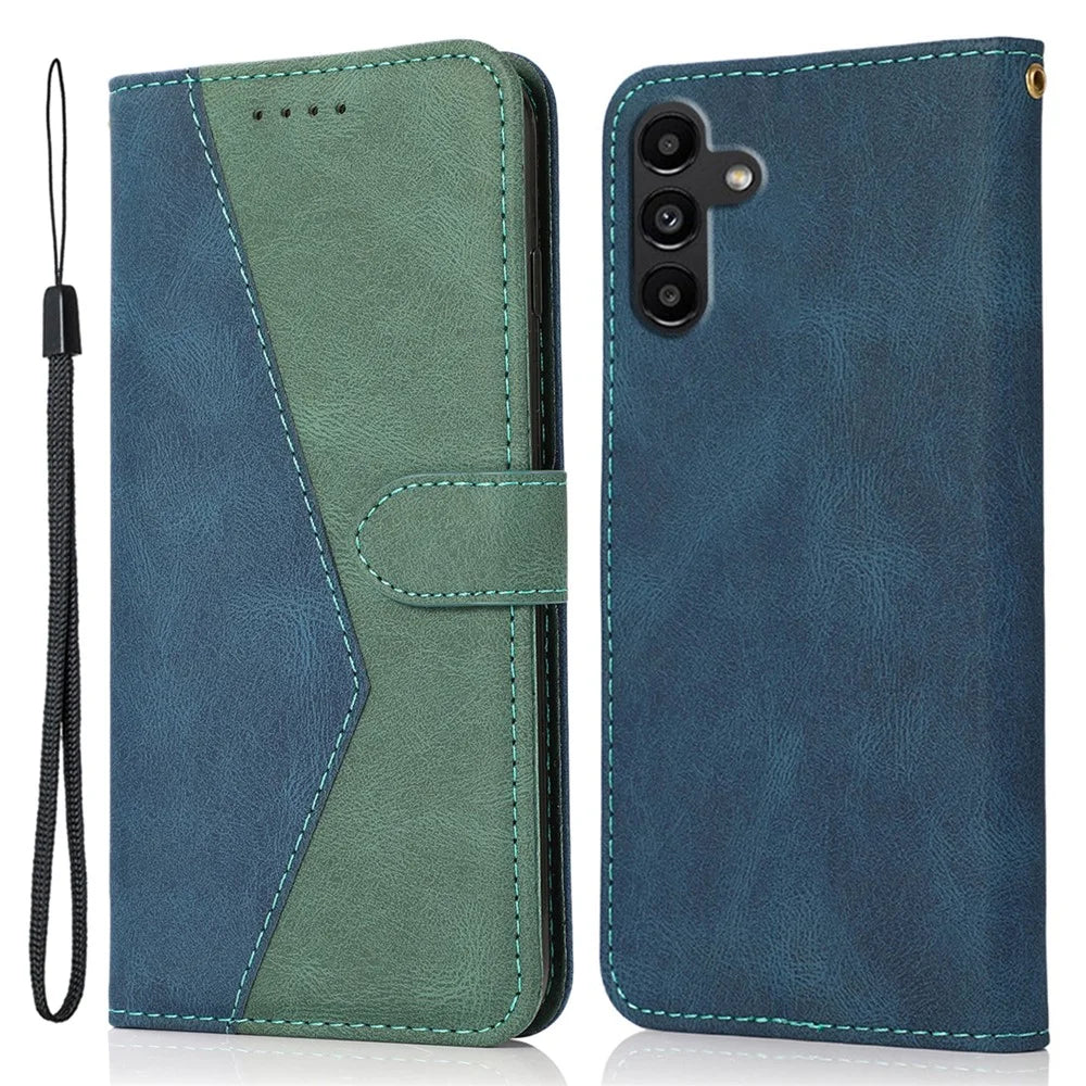 For Samsung Galaxy A16 5G / A16 4G Cover Color Splicing Wallet Stand Leather Phone Case with Wrist Strap - Blue+Green - 1