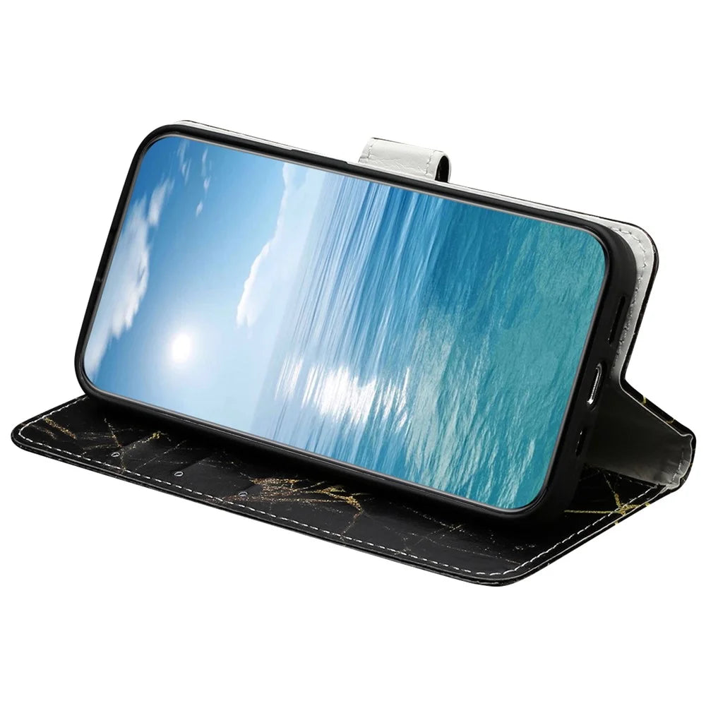 For Samsung Galaxy A16 5G / A16 4G Case Pattern PU Leather Flip Phone Cover - Black Gold Marble - 3