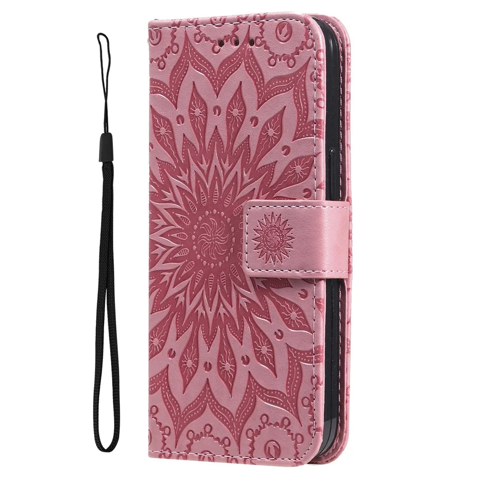 For Samsung Galaxy A26 5G / A16 5G / A16 4G Phone Case Sunflower Imprinted Leather Wallet Stand Cover with Strap - Rose - 7