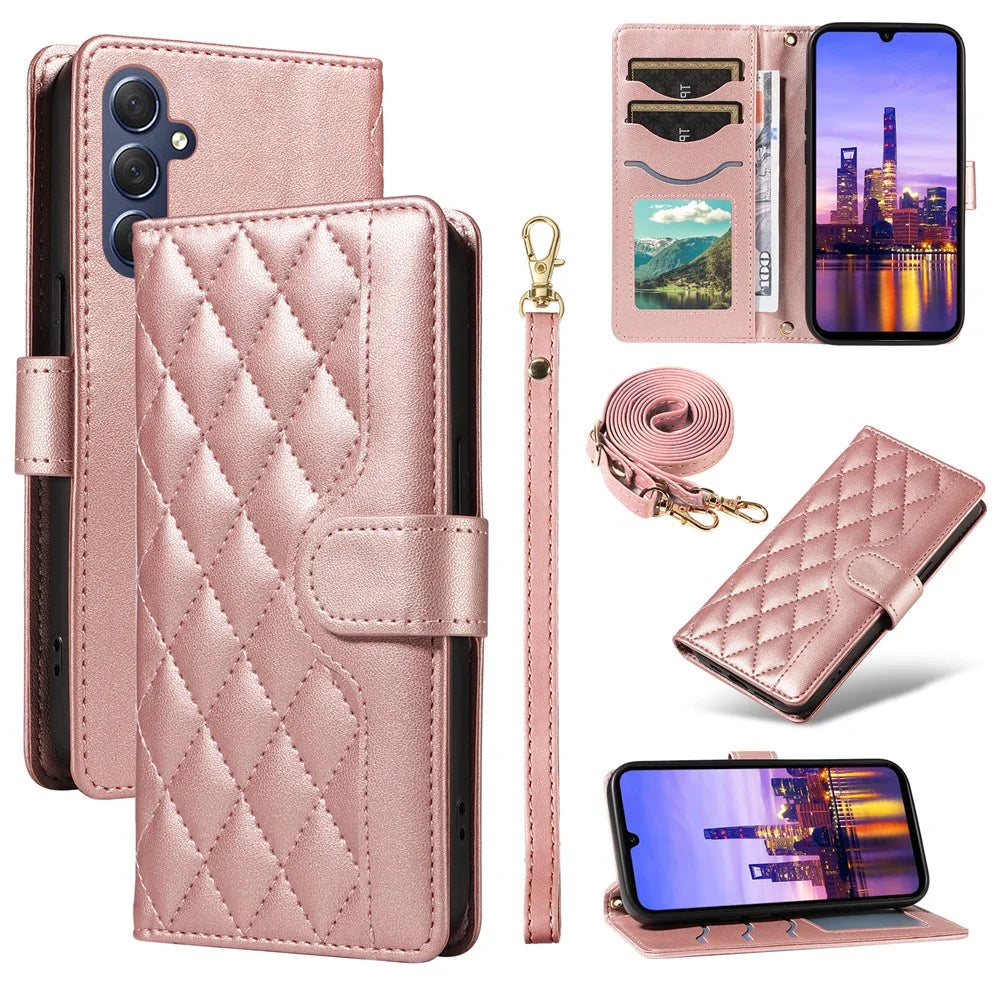 For Samsung Galaxy A18 5G / A17 5G / A17 4G / A26 5G / A16 5G / A16 4G Case Wallet Rhombus Leather Phone Cover with Shoulder Strap, Wrist Strap - Rose Gold - 1
