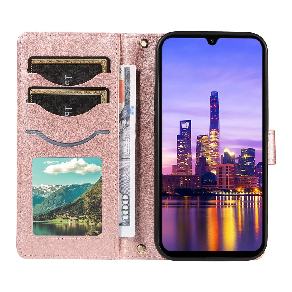 For Samsung Galaxy A18 5G / A17 5G / A17 4G / A26 5G / A16 5G / A16 4G Case Wallet Rhombus Leather Phone Cover with Shoulder Strap, Wrist Strap - Rose Gold - 2