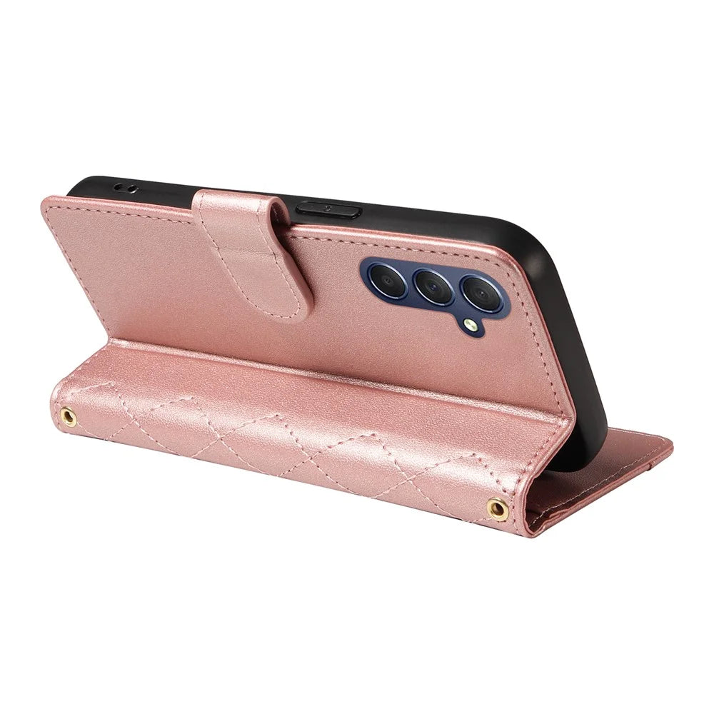 For Samsung Galaxy A18 5G / A17 5G / A17 4G / A26 5G / A16 5G / A16 4G Case Wallet Rhombus Leather Phone Cover with Shoulder Strap, Wrist Strap - Rose Gold - 4