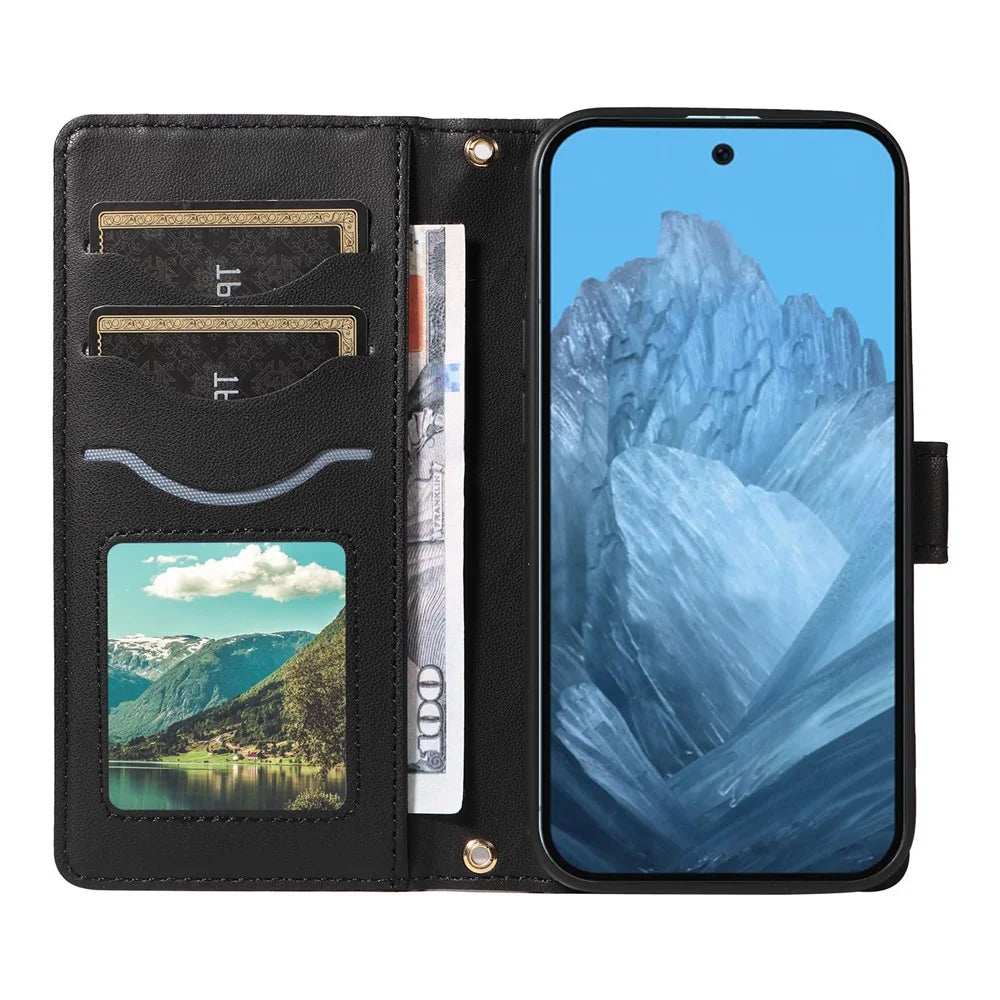 For Google Pixel 10 Pro / 10 / 9 Pro / 9 Case Wallet Rhombus Leather Phone Cover with Shoulder Strap, Wrist Strap - Black - 2