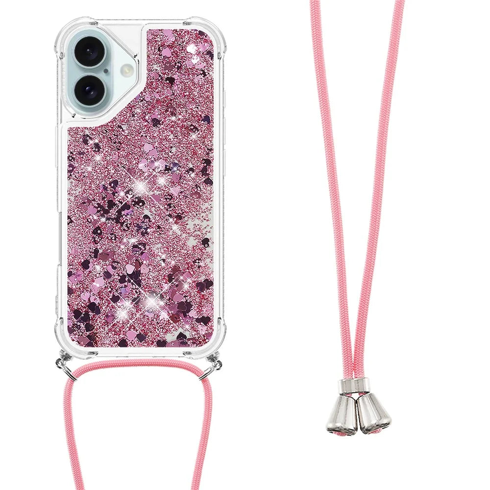 For iPhone 16 Plus TPU Case Quicksand Design Phone Cover with Lanyard - Rose Gold / Hearts - 3